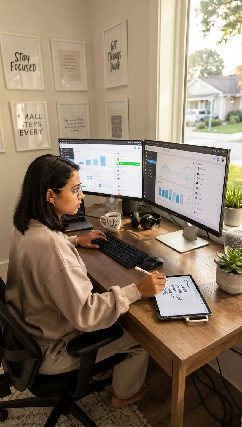 Person reviewing a checklist on a tablet titled "Practical Tips for Integrating New Tools into Daily Life" at a café.