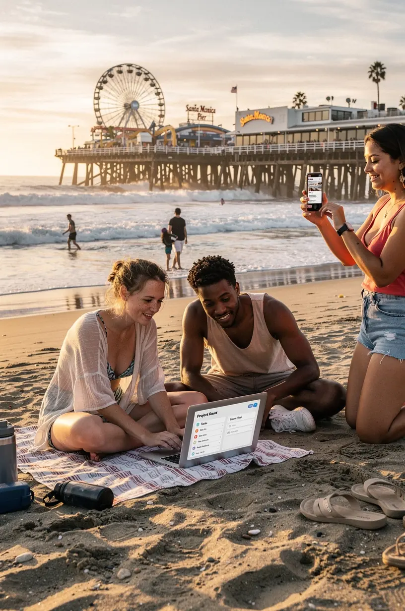 Family interacting with a voice-activated assistant device in a bright, organized living room setting.